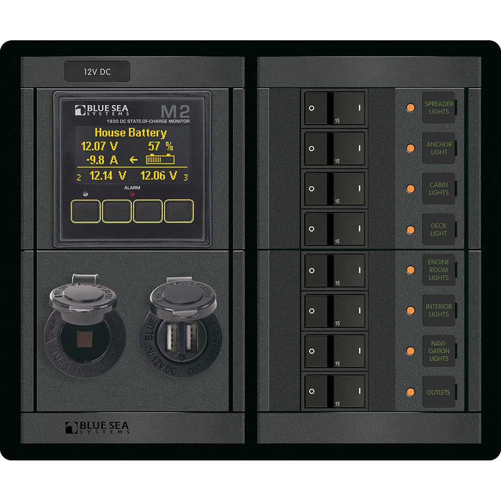 Blue Sea 1497 - 360 Panel - 8 Position 12V Flat Rocker M2 Multimeter with SOC and Dual USB/12V Socket | SendIt Sailing