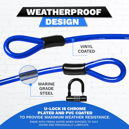 DocksLocks® Anti-Theft Weatherproof Straight Security Cable with Looped Ends and Short Shackle U-Lock (5', 10', 15', 20' or 25') | SendIt Sailing