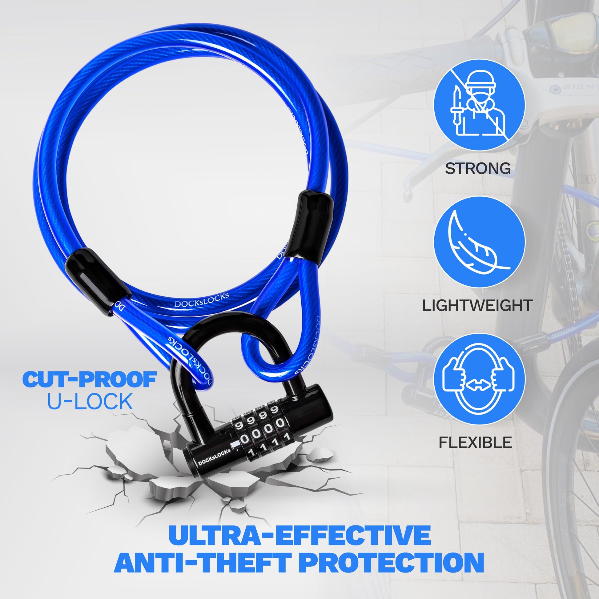 DocksLocks® Anti-Theft Weatherproof Straight Security Cable with Looped Ends and Short Shackle U-Lock (5', 10', 15', 20' or 25') | SendIt Sailing