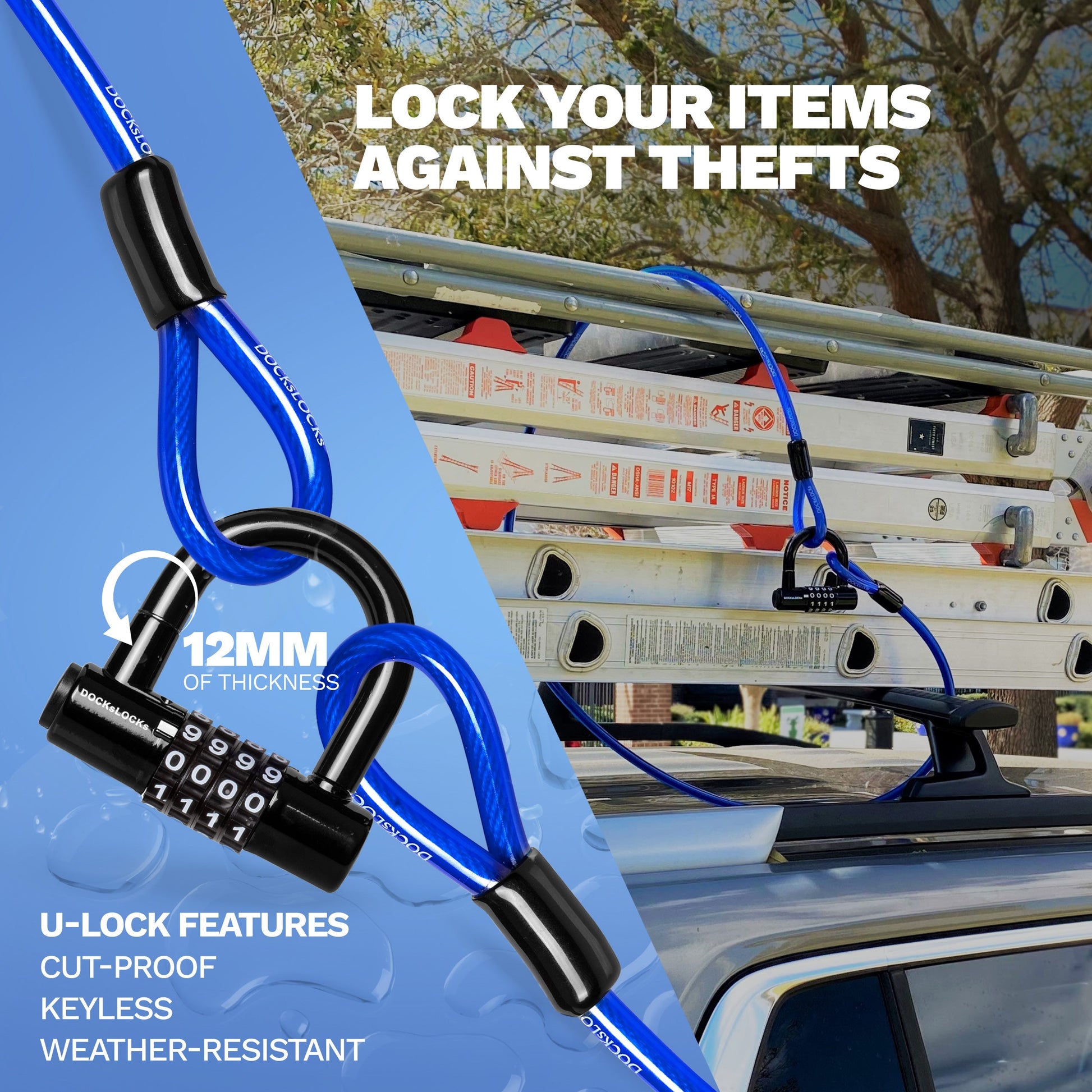 DocksLocks® Anti-Theft Weatherproof Straight Security Cable with Looped Ends and Short Shackle U-Lock (5', 10', 15', 20' or 25') | SendIt Sailing