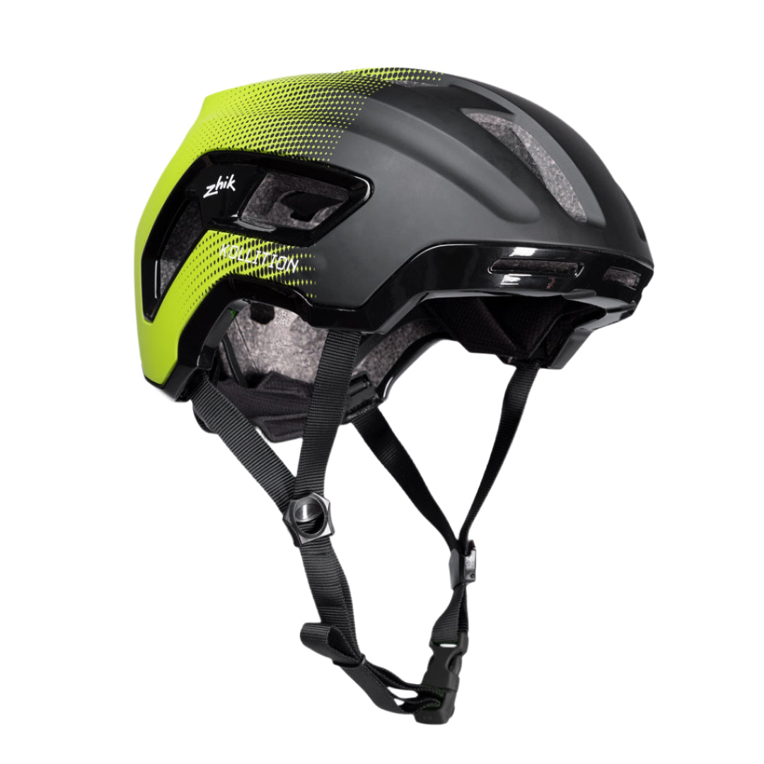 A black and green Zhik Kollition Helmet with yellow accents, featuring large ventilation ports and a cushioned internal lining.