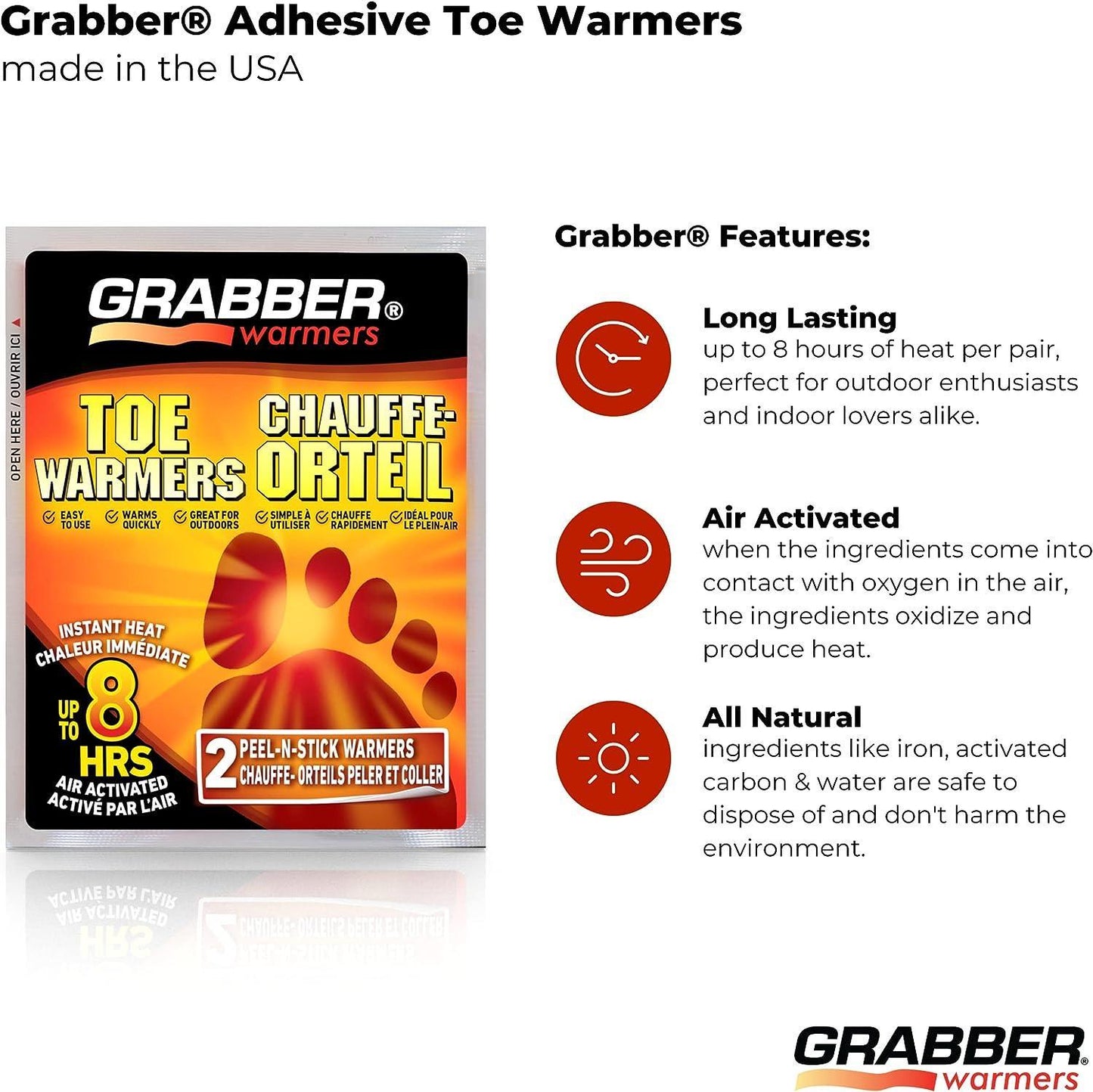 Grabber Toe Warmers - Long Lasting Safe Natural Odorless Air Activated Warmers - Up to 8 Hours of Heat - 8 Pair Pack