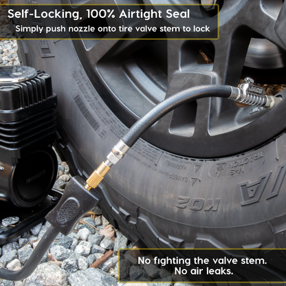 Lightning™ S2X Quick-Connect Locking Tire Inflator Air Chuck Extension | Patented Lock-on Compressor Hose Attachment (Open Flow)
