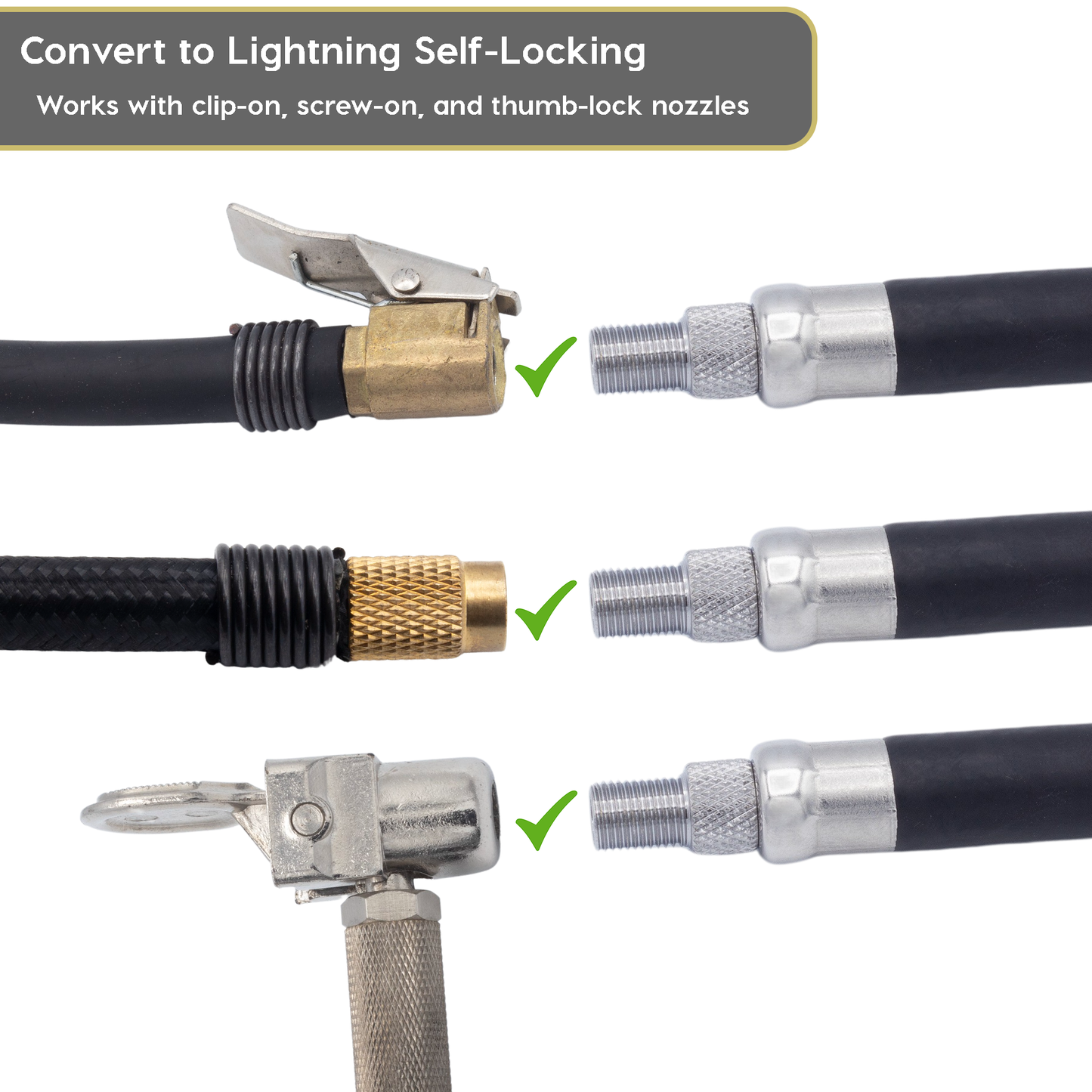 Lightning™ L2X Quick-Connect Locking Tire Inflator Air Chuck Extension | Patented Lock-on Compressor Hose Attachment (Open Flow)