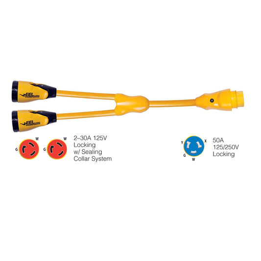 Marinco Y504-2-30 EEL (2)-30A-125V Female to (1)50A-125/250V Male Y Adapter - Yellow | SendIt Sailing