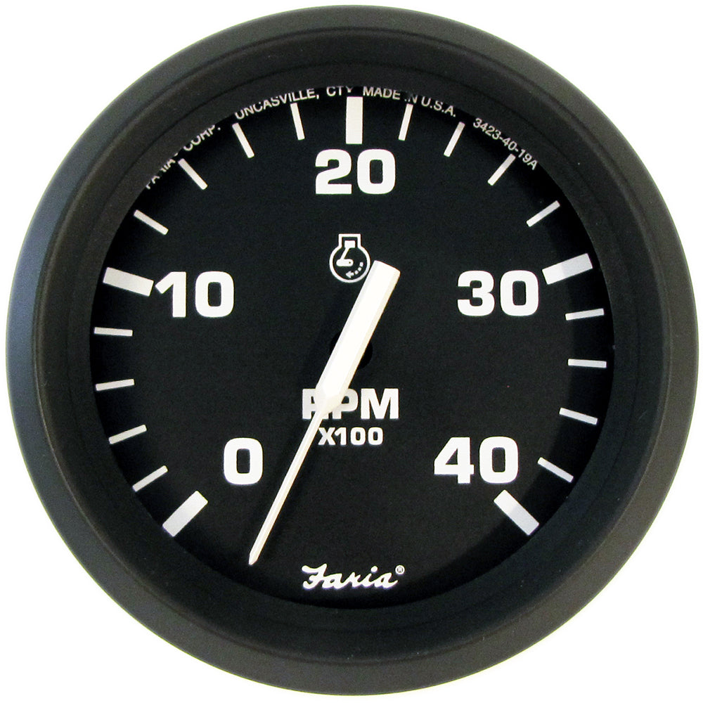 Faria 4in Tachometer Euro Style Black with White Letters 4000RPM Diesel Mechanical Take Off and Variable Ratio Alt. | SendIt Sailing