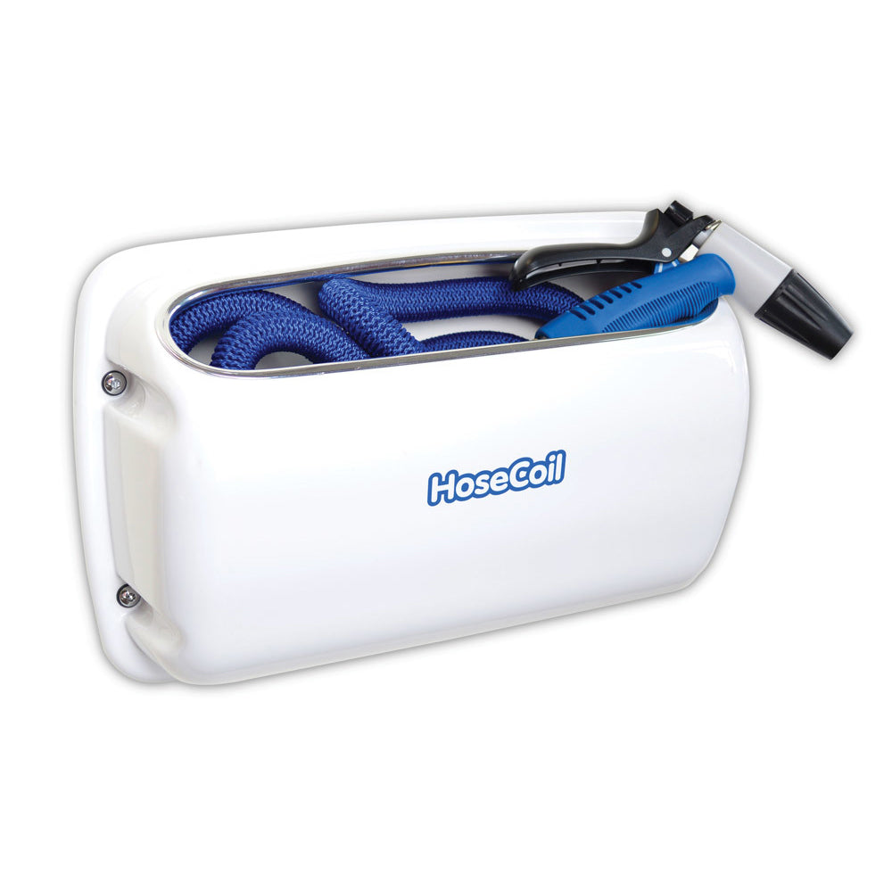 HoseCoil Side Mount Expandable White Enclosure with 50ft Blue Hose, Shutoff Valve & Rubber Tip Nozzle | SendIt Sailing