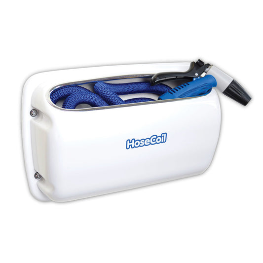 HoseCoil Side Mount Expandable White Enclosure with 50ft Blue Hose, Shutoff Valve & Rubber Tip Nozzle | SendIt Sailing