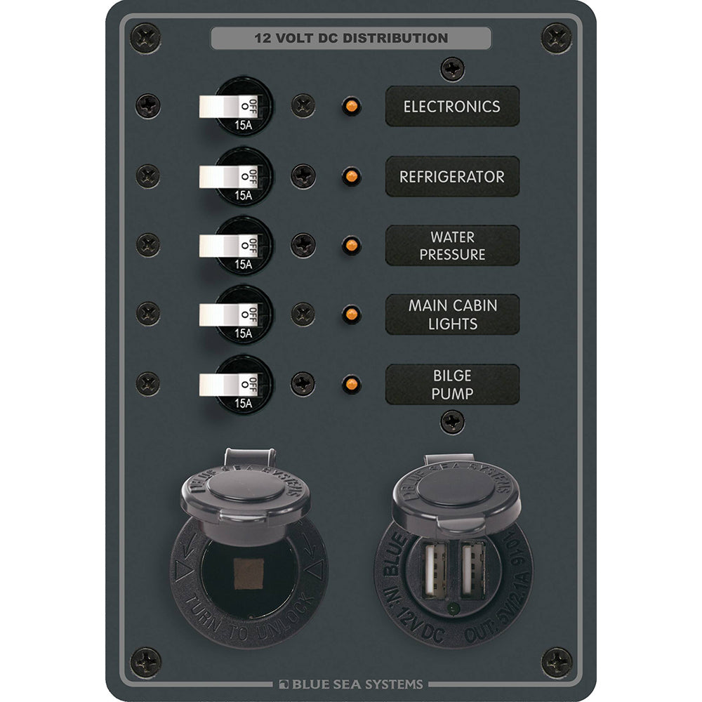 Blue Sea 8120 - 5 Position 12V Panel with Dual USB &; 12V Socket | SendIt Sailing