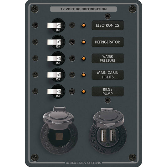 Blue Sea 8120 - 5 Position 12V Panel with Dual USB &; 12V Socket | SendIt Sailing