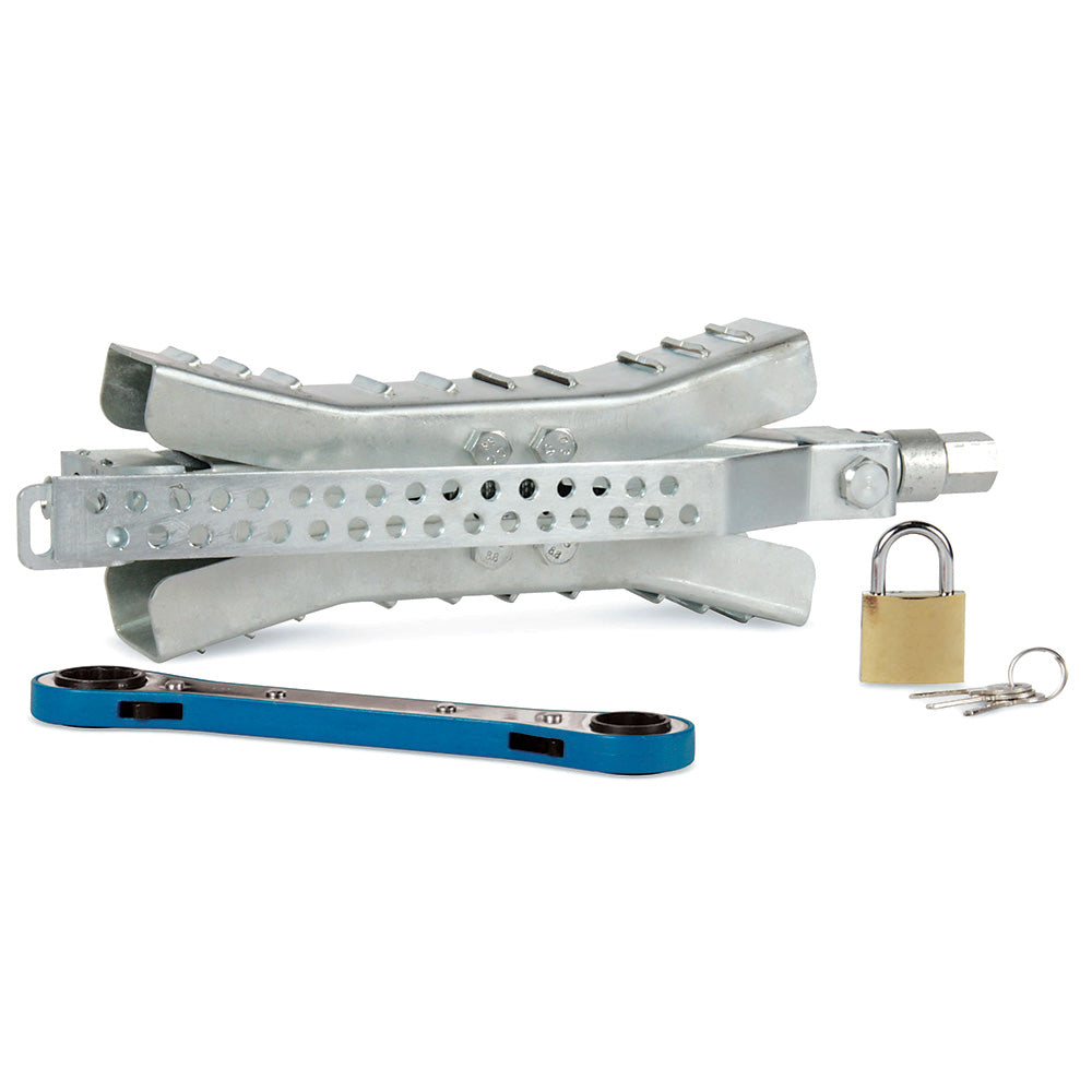 Camco Eaz-Lift 10in Wheel Stop with Wrench and Lock - Metal | SendIt Sailing