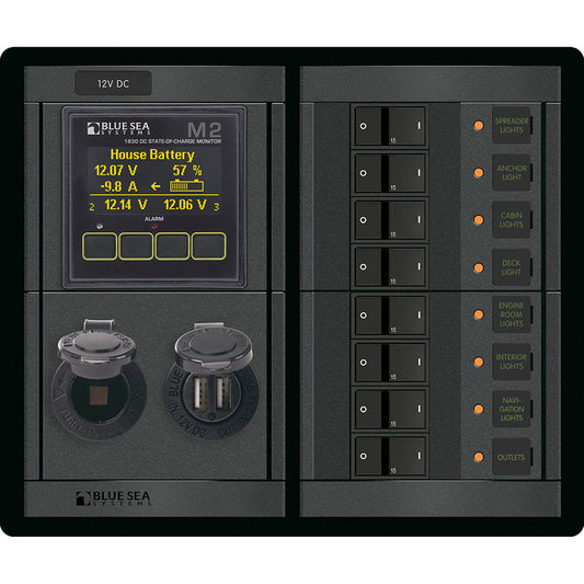 Blue Sea 1497 - 360 Panel - 8 Position 12V Flat Rocker M2 Multimeter with SOC and Dual USB/12V Socket | SendIt Sailing