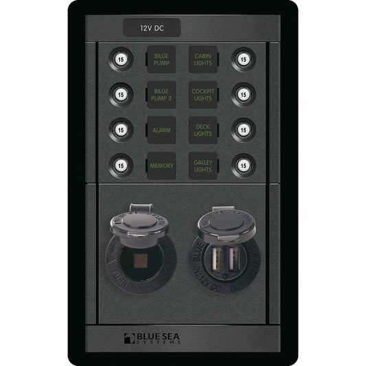 Blue Sea 1498 - 360 Panel - 8 Position 12V Panel with Dual USB and 12V Socket | SendIt Sailing