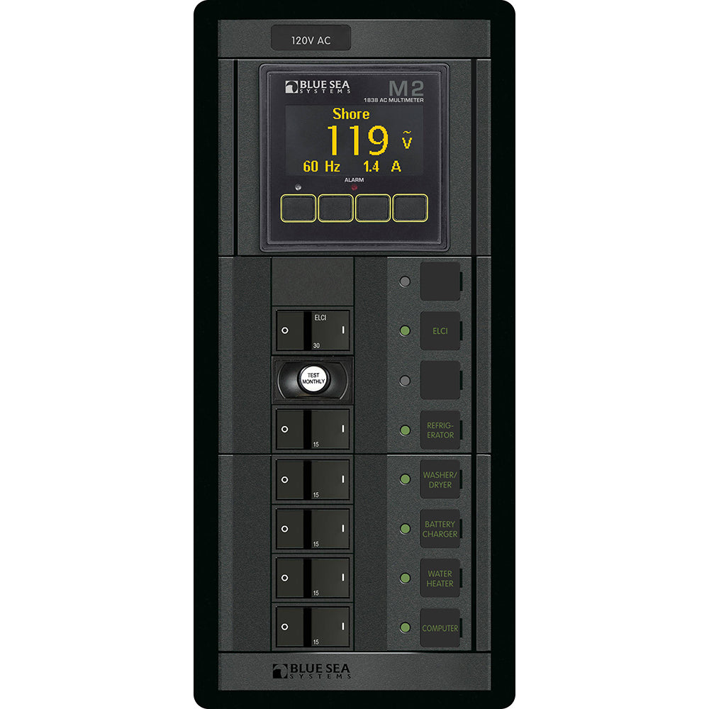Blue Sea 1504 - 360 Panel - ELCI + 5 Position 120V AC Flat Rocker with M2 AC Multimeter | SendIt Sailing