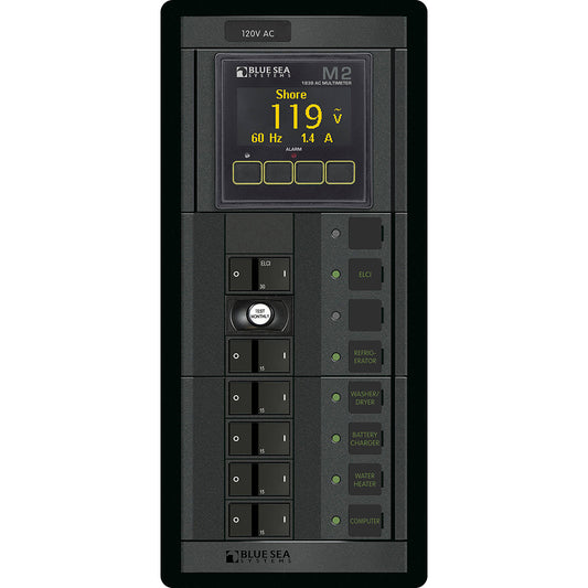 Blue Sea 1504 - 360 Panel - ELCI + 5 Position 120V AC Flat Rocker with M2 AC Multimeter | SendIt Sailing